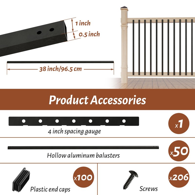 Belinova 50 Pack 38" Hollow Aluminum Deck Balusters with Screws,