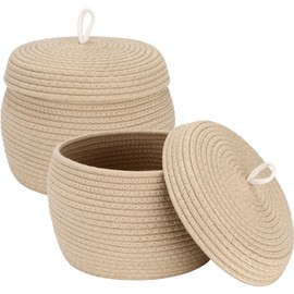 Sea Team Round Cotton Rope Storage Basket with Lid, Decorative Woven Storage Bin, Pot, Caddy, Organizer, Container for Snacks, Towels, Plants (Khaki, Small/2-Pack)