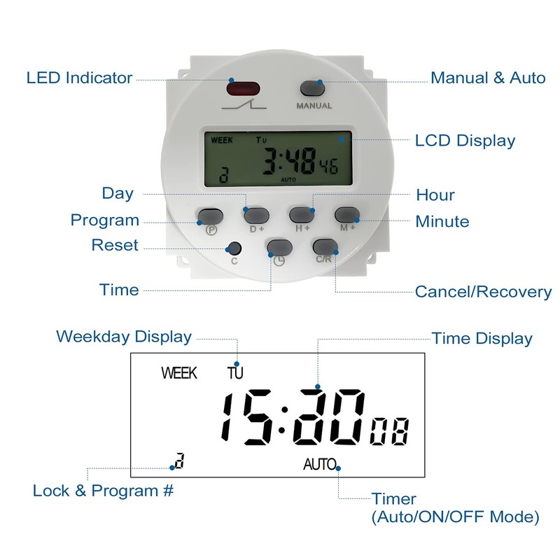 Sutekus 7 Day Digital Timer Switch DC 12V 16A Programmable