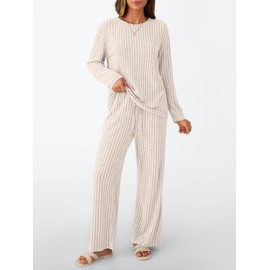 LILLUSORY Womens Lounge Sets 2 Piece Matching Pajamas Fall Fashion 2025 Ribbed Knit Outfits Long Sleeve Casual Sweatsuits Trendy Plus Size Sweaters Cute Sleep Wears Travel Soft Clothes Apricot M