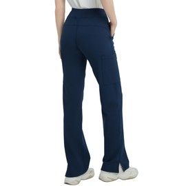 QBK High Rise Yoga Scrub Pants Women - Straight Wide Leg Uniform Pants with Cargo Pocket, Anti-Wrinkle & Knit Yoga Waistband (Regular, Navy, XL)