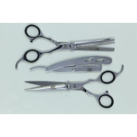 Pakden 7.5" Professional Hair Cutting Kit - Japanese 440C Stainless Steel Shears, Thinning Scissors, Straight Razor & Comb - Right-Handed Black Barber Set with Case for Salon & Home Use