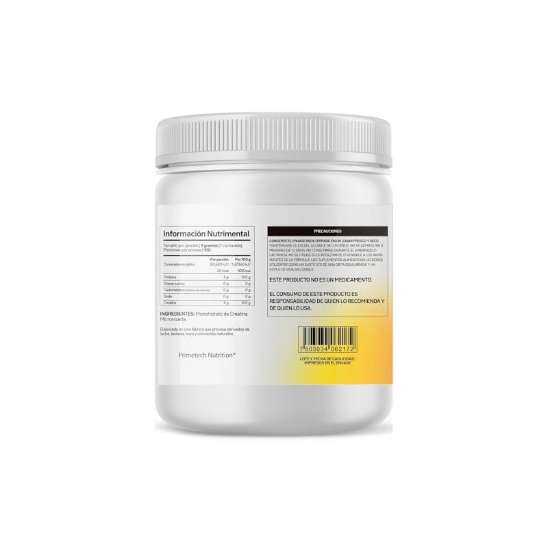 Primetech Nutrition Creatina Monohidratada Micronizada Polvo 500 100 Porciones Mayor