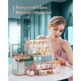 Youdepot Glass Makeup Organizer - Multi-Functional 3-in-1 Cosmetic Organizer for Skincare, Lipstick, Brushes - Vanity Organizer & Bathroom Organizer