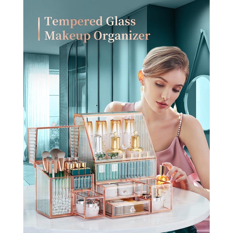 Youdepot Glass Makeup Organizer - Multi-Functional 3-in-1 Cosmetic Organizer for