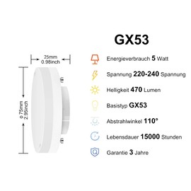 LVWIT GX53 LED Lampe 5W Warmweiß, GX53 Leuchtmittel Nicht Dimmbar, Kein Flimmern, Ersatz 40W Glühbirne, 470Lumen, 3000K, 110 Grad, CRI> 80, Einbaustrahler GX53 für Schrankleuchten, 4er Pack