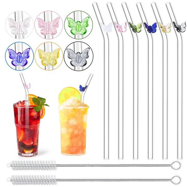 B-086 6 x Reusable Glass Straws with 2 Cleaning Brushes,
