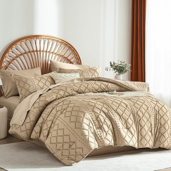 ALAOOKKA Khaki Tufted Comforter Set King Size 7 Piece Bed