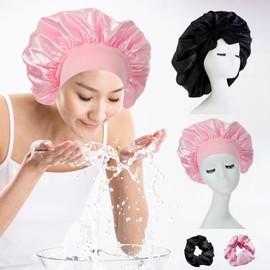 2 Stück Satin Haarhaube,Seidenhaube,Nacht Schlafhaube Mit Elastischem Band,Schlafhaube Haare Schützen,Satinhaube Zum Schlafen,Haarnetz Für Damen Und Mädchen(Schwarz+Rosa)