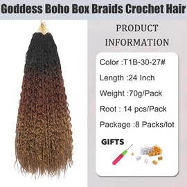 BLTYXT Goddess Boho Box Braids Crochet hair 24 Inch 8 Packs Pre Looped Water Wave Crochet Hair for Women Hair Extension (T1B-30-27, 24 Inch(8 Packs))