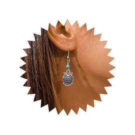 Aneneiceera Boho Turquoise Pearl Owl Drop Earrings Silver Owl Bird Dangle Earrings Vintage Ethnic Stone Hook Earrings Cute Owl Animal Earrings Pearl Link Owl Earrings For Women