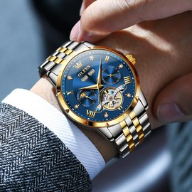 OLEVS Automatic Mens Watches Self Winding Mechanical Skeleton Luxury Business Dress Stainless Steel Waterproof Tourbillon Watches for Men