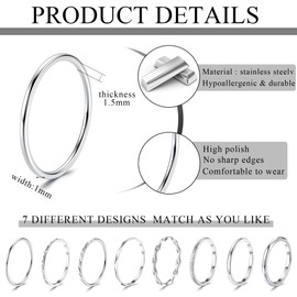JeweBella Pack of 8 Rings Silver for Women Stainless Steel 1 mm Plain Thin Midi Finger Ring Minimalist Thumb Rings Set Stackable Knuckle Rings Silver Simple Twist Rings Women, Stainless Steel