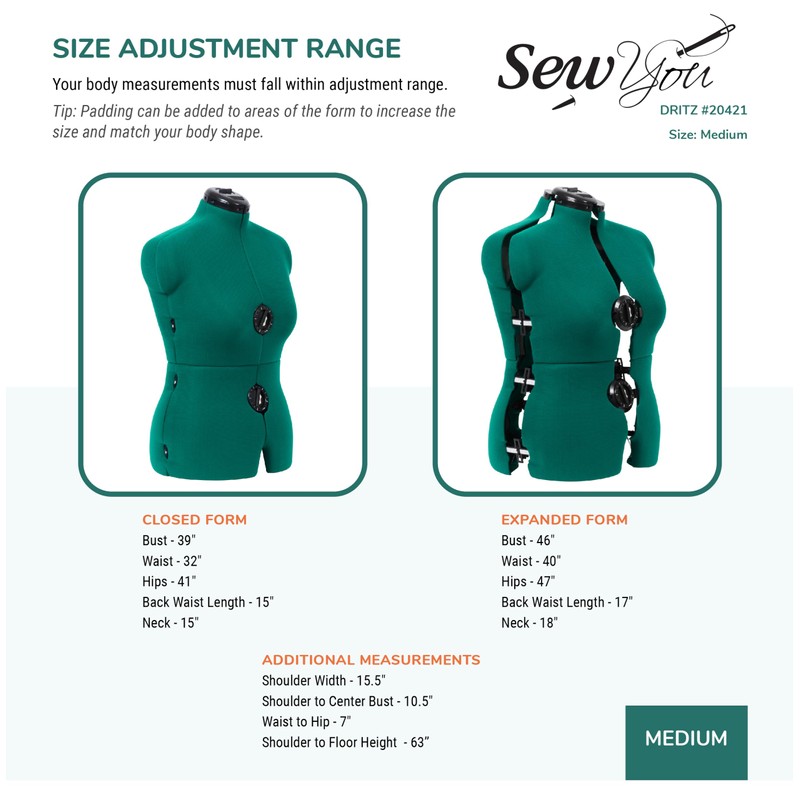 Dritz Sew You Adjustable Dress Form M/L, Sizes US 12–18,