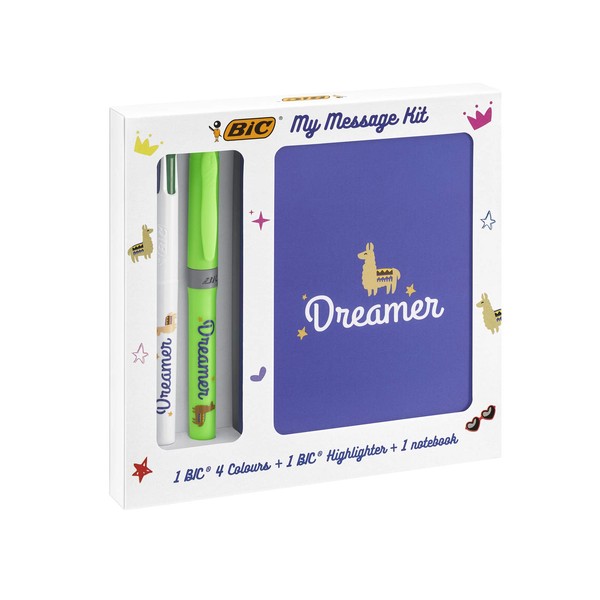 Bic My Message Dreamer Kit - Stationery Kit with 1 Ballpoint Pen 4 Colours/ 1 Highlighter Grip Green/ 1 A6 White Notebook