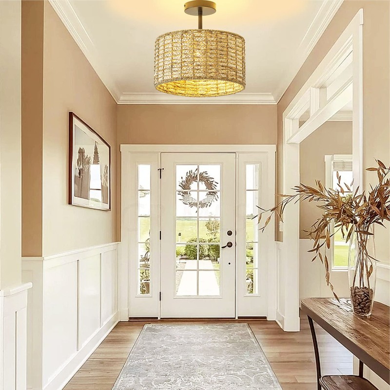 Giutna 13"Rattan Ceiling Light Fixture Flush Mount, 2-Light Boho Rattan