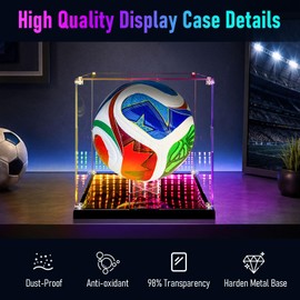 DORYBEN Soccer Display Case with RGB Light & Infinity Mirror Bottom, Sturdy Metal Base with 5 Dynamic Modes , Dustproof Showcase for Soccer Fans & Collectors, Sports Collectibles