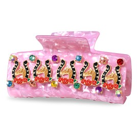 PHALIN Kentucky Derby Hair Claws for Women Horse Horseshoe Rose Hair Claw Clips Large Pink Square Crystal Acetate Hair Clips Kentucky Derby Outfits Accessories Gifts (Pattern E)