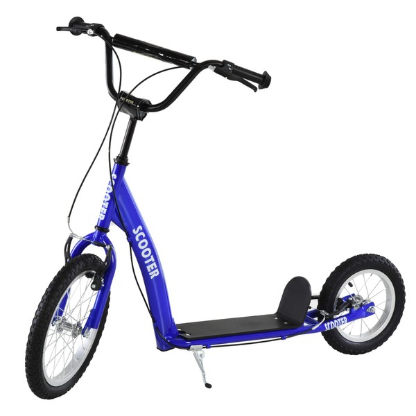 Aosom Youth Scooter Kick Scooter for Kids 5+ with Adjustable Handlebar 16" Front and 12" Rear Dual Brakes Inflatable Wheels, Blue