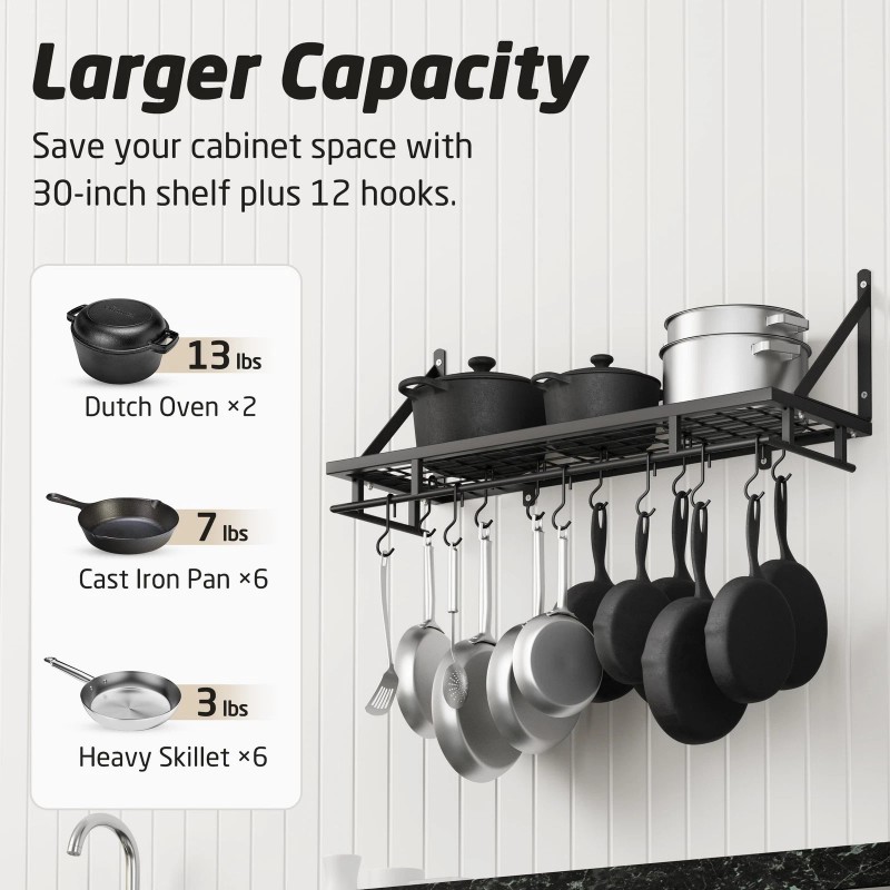 Kes 30-Inch Kitchen Pan Pot Rack Wall Mounted Hanging Storage