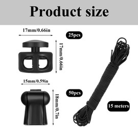 Plastic Cord Locks and Black Elastic Cords 3mm x 15m: 25 Pcs Spring Toggle Stoppers Fastener Slider with Bungee Cords & 50 Pcs Tail Toggles for Cord Stopper Toggle for Backpack Shoelaces Clothing