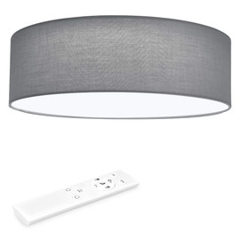 Navaris Flush Mount Ceiling Light - 15.75" Diameter Drum Lamp Shade LED Fixture with Remote Control for Bedroom, Living Room, Kitchen - Light Gray