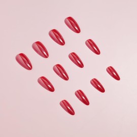 MouyouGlow Press on Nails Short, Almond Red Solid Glazed Doughnut Hailey Bieber Christmas Xmas New Year Fake Nails with Nail Glue, New Year Red Chrome Artificial Fingernails