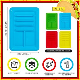 Uiifan 24 Pcs Plastic Taco Plates for Mexican Party Fiesta Taco Holder with 4 Stand up Holder and 2 Dipping Areas Colorful Taco Trays for Taco Night, Taco Tuesday Microwave Dishwasher Safe