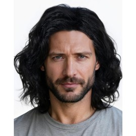 ESUNO Short Black Wavy Wig Men Black Curly Wig Middle Length Hair Male