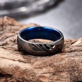 Vakki 8mm Black Mens Wedding Band Damascus Blue Inner Surface Two-Tone Damascus Steel Ring Comfort Fit Size 8