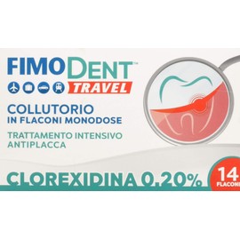 Fimodent Travel Collutorio alla Clorexidina 0.20% in 14 pratiche monodosi da 10mL. Con SPDD (Sistema Protezione Discromie Dentali) e gusto menta. Trattamento antiplacca e antibatterico intensivo