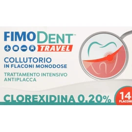 Fimodent Travel Collutorio alla Clorexidina 0.20% in 14 pratiche monodosi da 10mL. Con SPDD (Sistema Protezione Discromie Dentali) e gusto menta. Trattamento antiplacca e antibatterico intensivo