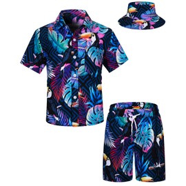 TUNEVUSE Little and Big Boys Hawaiian Shirt and Short Set, Summer Printed Kids Cabina Set with Hats, Dark blue02