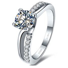 [THREE MAN] Engagement Ring 4 Prong NSCD Diamond Ring for Women Wedding Band Genuine Silver White Gold Plated, Sterling Silver, Created Diamond