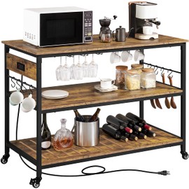 Yaheetech Kitchen Island with Power Outlet, Rolling Kitchen Cart with Wine Rack & Glass Holder & Hooks, Coffee Station Microwave Stand Wine Rack Table for Kitchen/Dinning Room, Rustic Brown