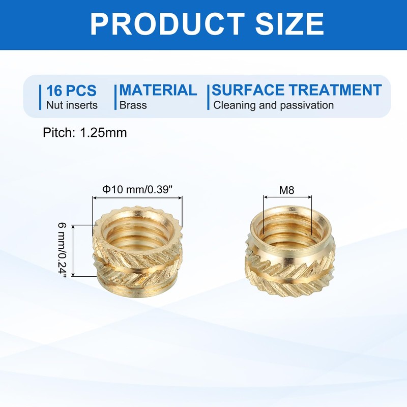 MECCANIXITY 16 Pcs Threaded Inserts, M8 Brass Heat Set Insert