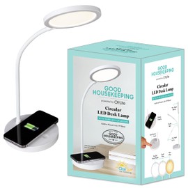 OttLite Good Housekeeping Circular LED Desk Lamp with Wireless Charging - Designed to Reduce Eyestrain - Adjustable Neck Desk Lamp for College Dorm Room, Crafting, Reading, 3 Color Modes