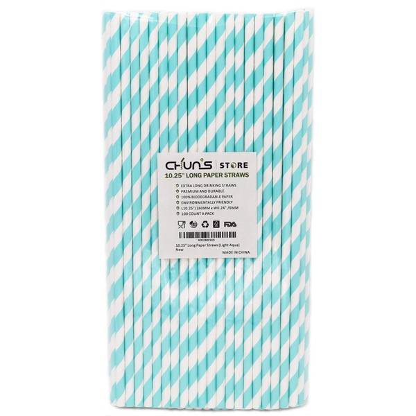 Aqua Paper Straws, 10 Inch Extra Long, 100 Count, Light Blue and White Striped Paper Straws for Baby Shower, Parties, Cocktails, Bars and Restaurants