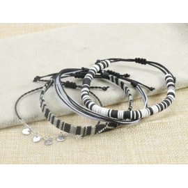 4pc Surfer Anklets for Men Waterproof String Rope Anklets Boho Clay Adjustable Beads Ankle Bracelets Cute Cloth Stainless Steel Anklet Set Beach Summer Jewelry for Women (4pcs boho anklets black)