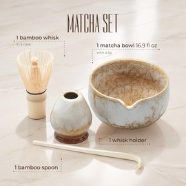 SOLACEA Complete Matcha Whisk Set: Matcha Bowl with Spout, Matcha Set Whisk and Ceramic Whisk Holder with Bamboo Matcha Scoop - 16.9 oz Chawan Bowl (White Moss)