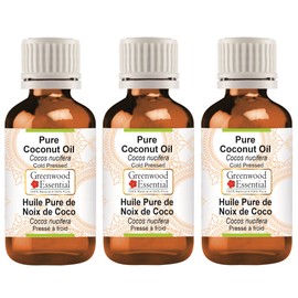 Greenwood Essential Pure Coconut Oil (Cocos Nucifera) Natural Therapeutic Quality Cold Pressed (Pack of Three) 100 ml x 3 (10 oz)