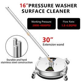 16" Pressure Washer Surface Cleaner Pro with 4 Wheels, Stainless Steel Surface Cleaner for Pressure Washer, 2 Extension Wands, Power Washer Surface Cleaner for Concrete Driveway, 3000 PSI