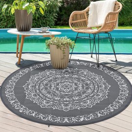 GarveeHome Round Outdoor Rug 6x6 Reversible Portable Plastic Straw Camping Rugs Waterproof Mat Outdoor Rug for RV Patio, Backyard, Deck, Picnic, Beach, Trailer, Grey/White(Medallion)