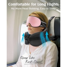 YFONG Travel Pillow for Long Flight Airplanes, Head Strap Combo with 3D Contoured Eye Mask for Sleep, Neck Pillow for Car Trip Essential, 360° Support Memory Foam Headrest, Prevent Head Bobbing, Pink