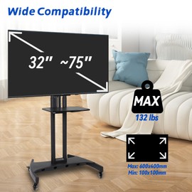 Mobile TV Stand, Rolling TV Cart with Wheels for 32-75 Inch LED/LCD Flat/Curved Screen TVs Holds up to 132 lbs, Portable Rolling Monitor Stand with Height Adjustable Shelf, Max VESA 600x400mm, Black