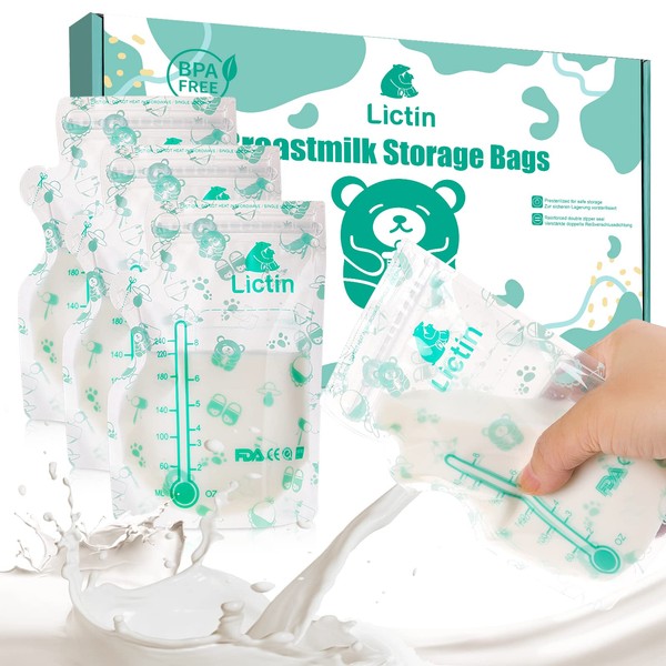Lictin Breast Milk Storage Bags - 120 Counts Breastmilk Containers Bags Pre-sterilized, BPA Free and Self Standing Design, Thickened 240ml Breast Milk Bag for Breastmilk Collection & Freezer Storage