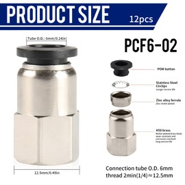 Pack of 12 Hose Ad x 1/4 Inch Bsp Female Thread, Pneumatic Adapter 6 mm Outer Diameter Pneumatic Push-Fit Fittings with Straight (PCF6-02 1/8 x 6 mm)
