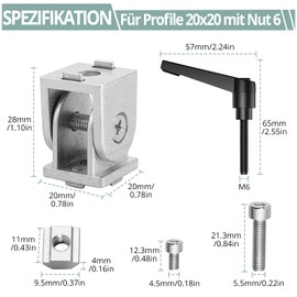 COLFULINE 4 x Joint Connectors, Joint Aluminium Profile 20 x 20 Groove 6, Adjustable Angle Connector, Zinc Alloy, Flexible Hinge, 180° Rotation Range, with Clamping Lever, Mounting Accessories for
