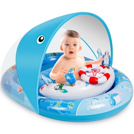 Baby Pool Float with Canopy，Baby Swim Float with UPF50+ Sun Protection Canopy and Toy Play Console，Inflatable Baby Float & Swimming Float with Adjustable Safety Seat for 3-36 Months