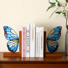 Decorative Butterfly Book Ends Wooden Acrylic Butterfly Bookends Heavy Duty Modern Bookshelf Decor Accents Book Stopper Decor Stained Glass Style for Home Farmhouse Shelves Office Lover Gift